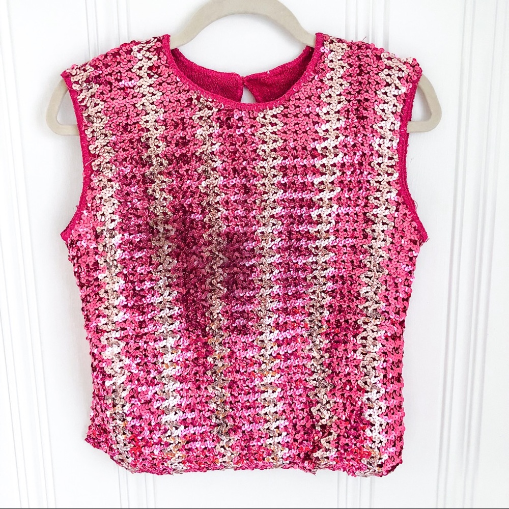 Vintage 70s 80s Pink Silver Sequin Sleeveless Top